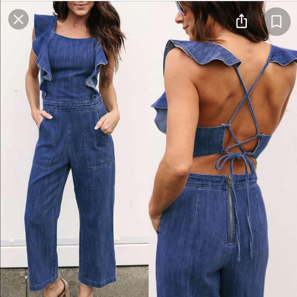 Denim Jumper with Lace Up Open Back